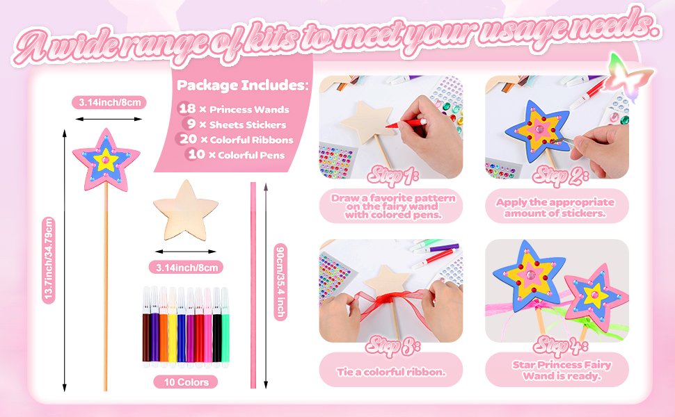 DIY Star Princess Fairy Wand Craft Kit contents and assembly steps. Includes wooden wands, stickers, ribbons, and markers.