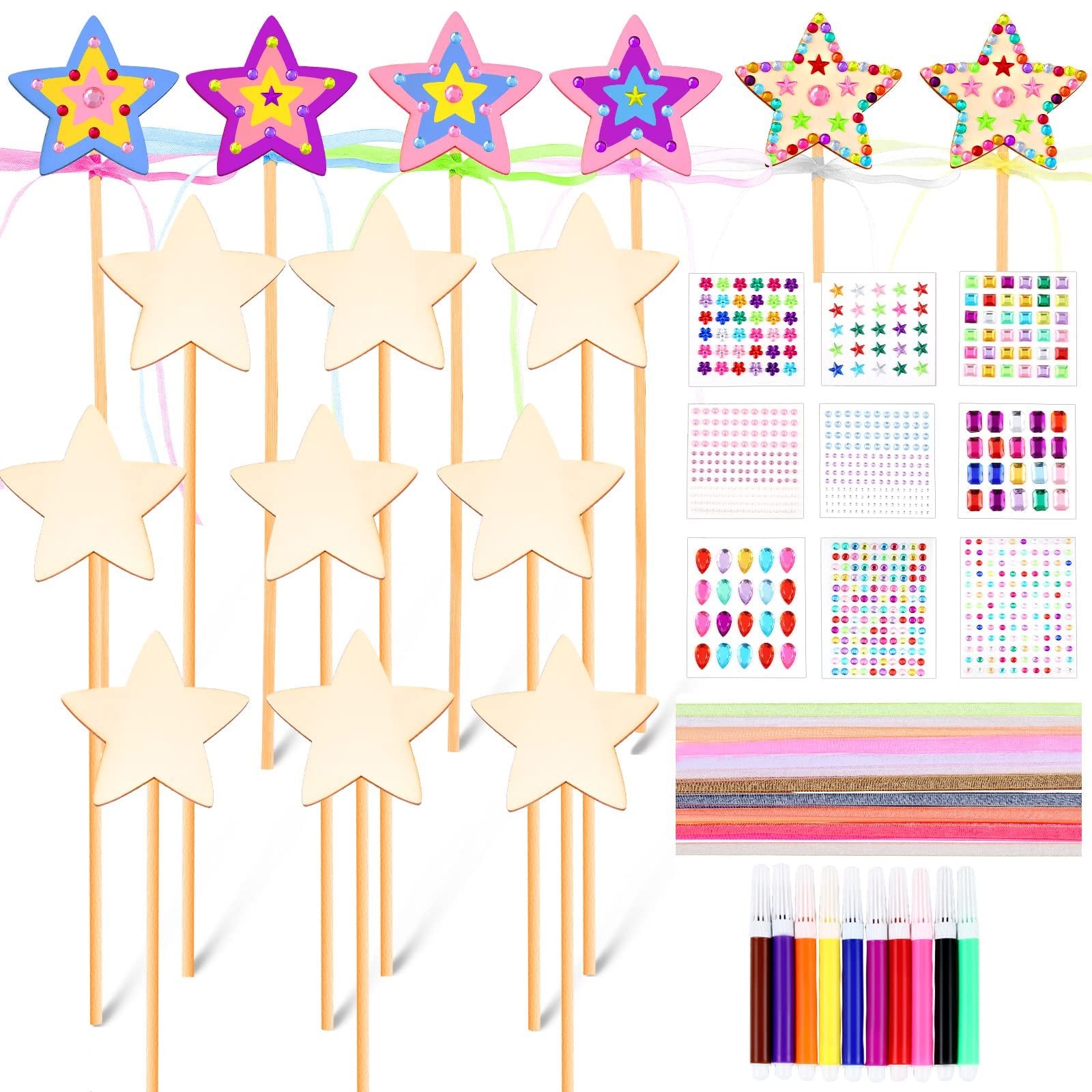 Star Princess Fairy Wand Craft Kit contents including wooden wands, gem stickers, ribbons, and markers.