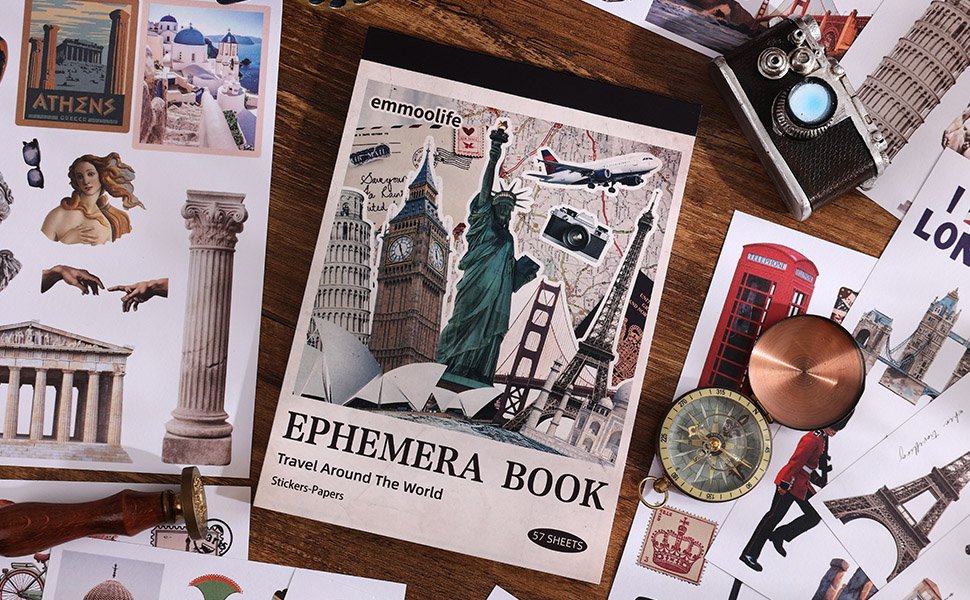 Vintage travel scrapbook sticker book cover with famous landmarks and travel-themed stickers, surrounded by other stickers and a compass.