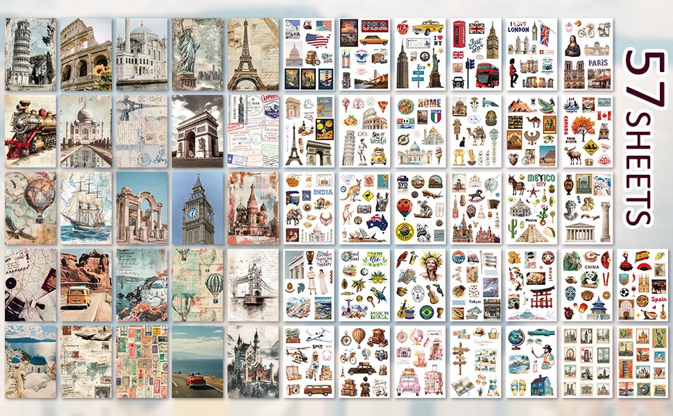 Collage of 57 sheets of vintage travel-themed stickers featuring landmarks, maps, and transportation.