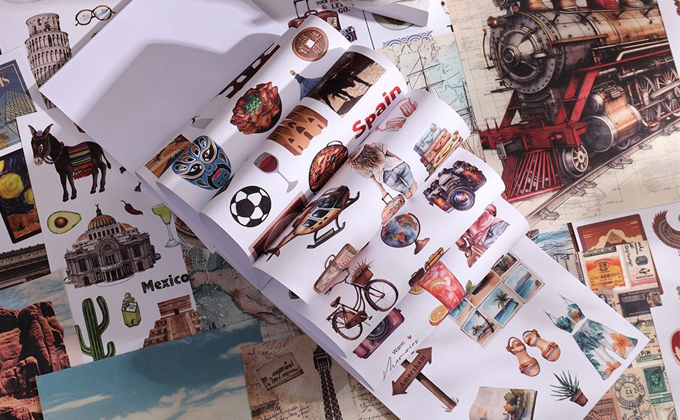Vintage travel scrapbook stickers featuring landmarks, transportation, and food items, spread across multiple sheets.