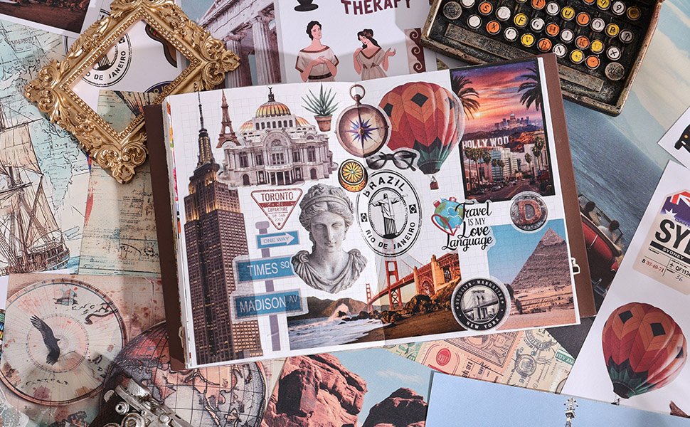 Scrapbook page with vintage travel stickers including landmarks, hot air balloons, and cityscapes.