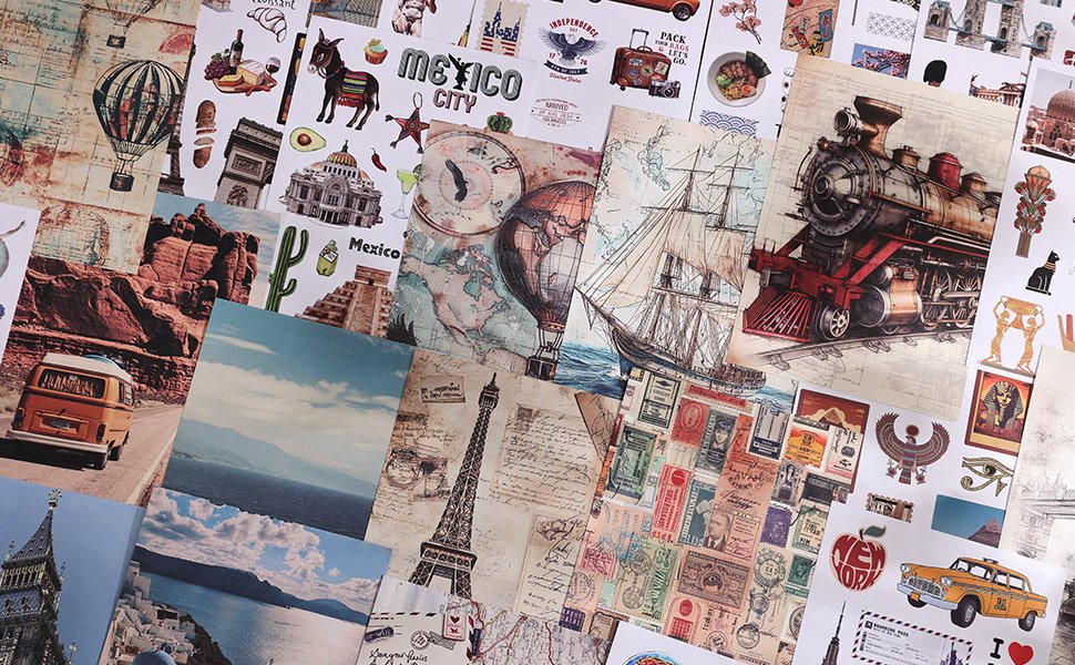 Collage of vintage travel-themed stickers and ephemera featuring hot air balloons, trains, ships, landmarks, and maps.