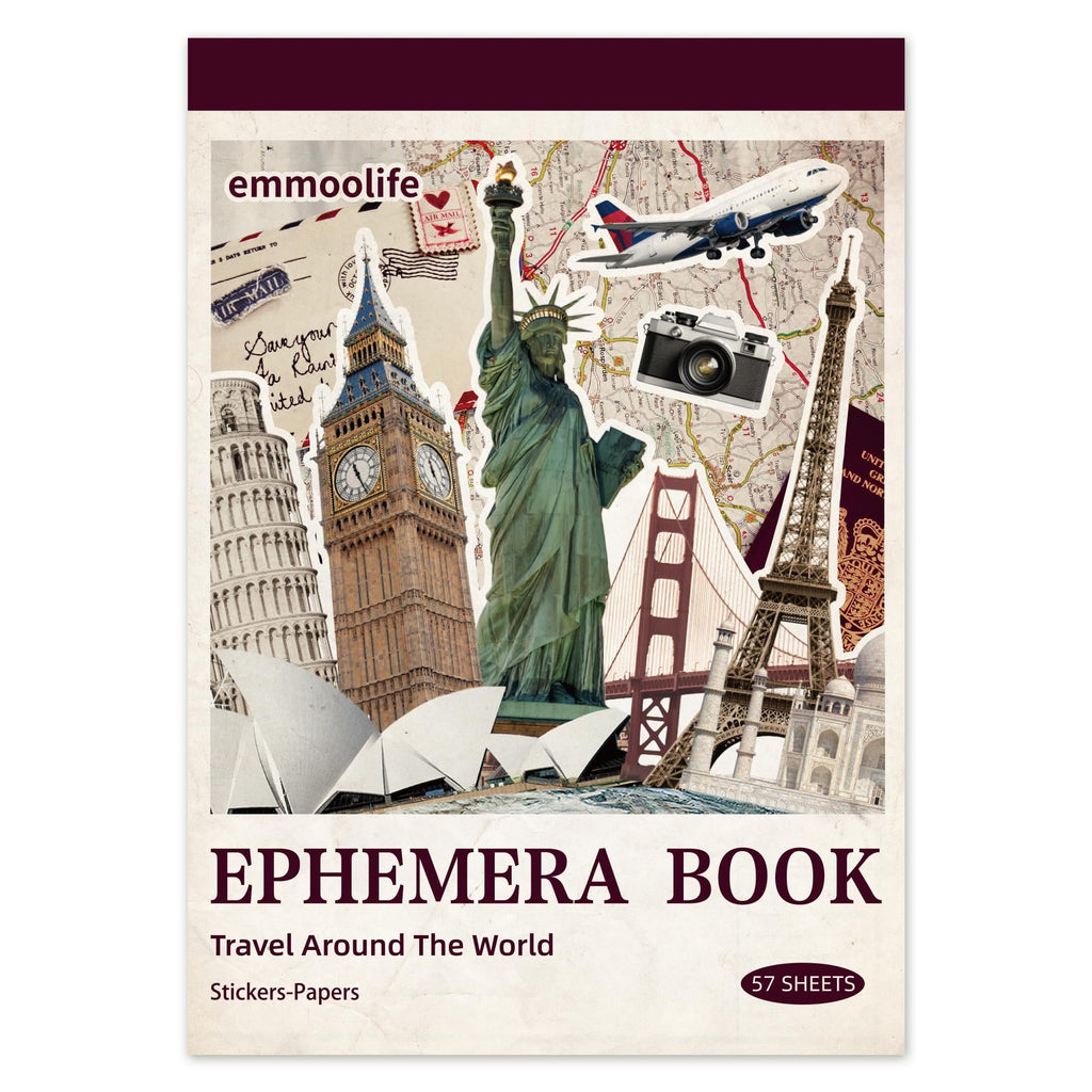 Collage of famous world landmarks and travel elements on a vintage background, with '' logo at the top.