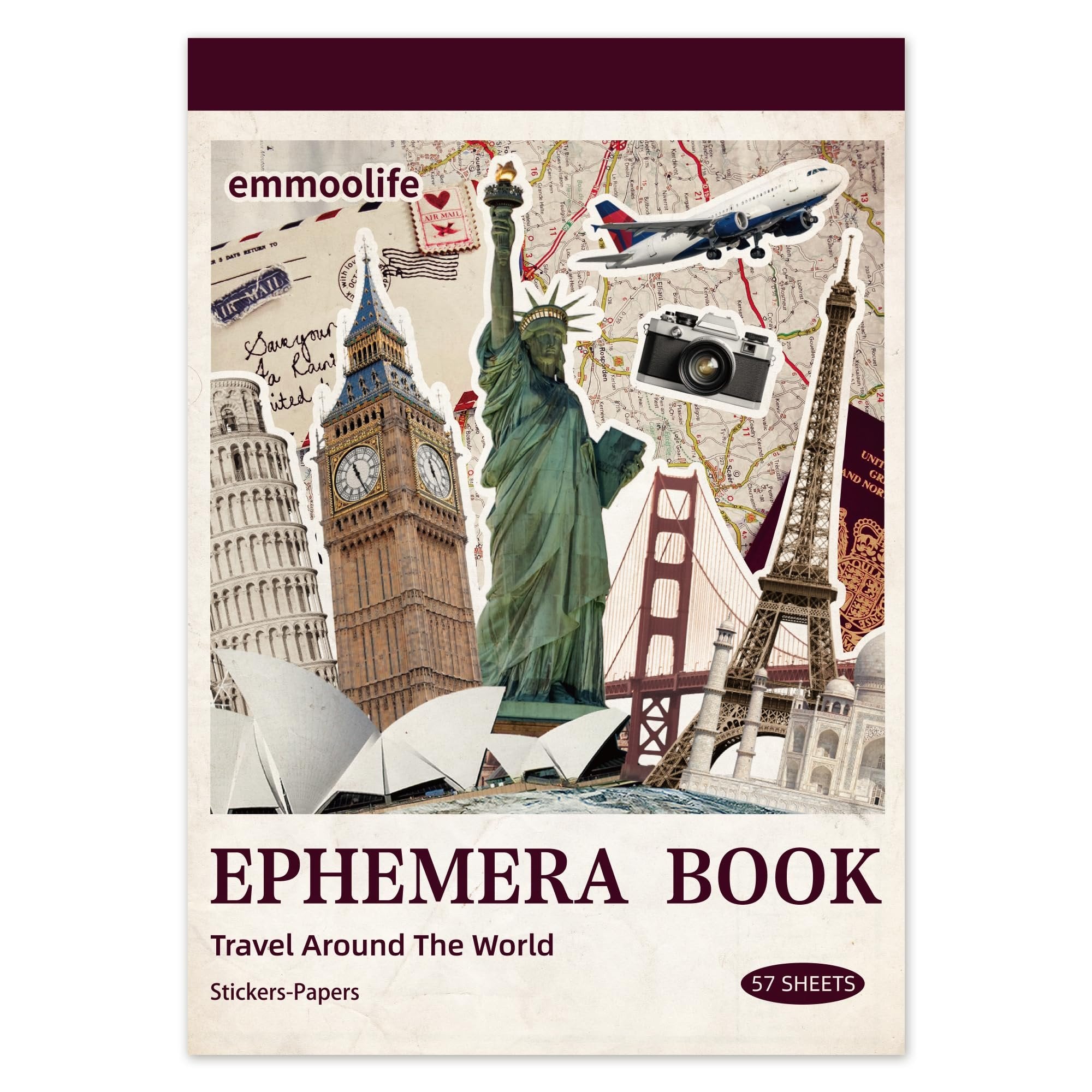 Collage of famous world landmarks and travel elements on a vintage background, with '' logo at the top.