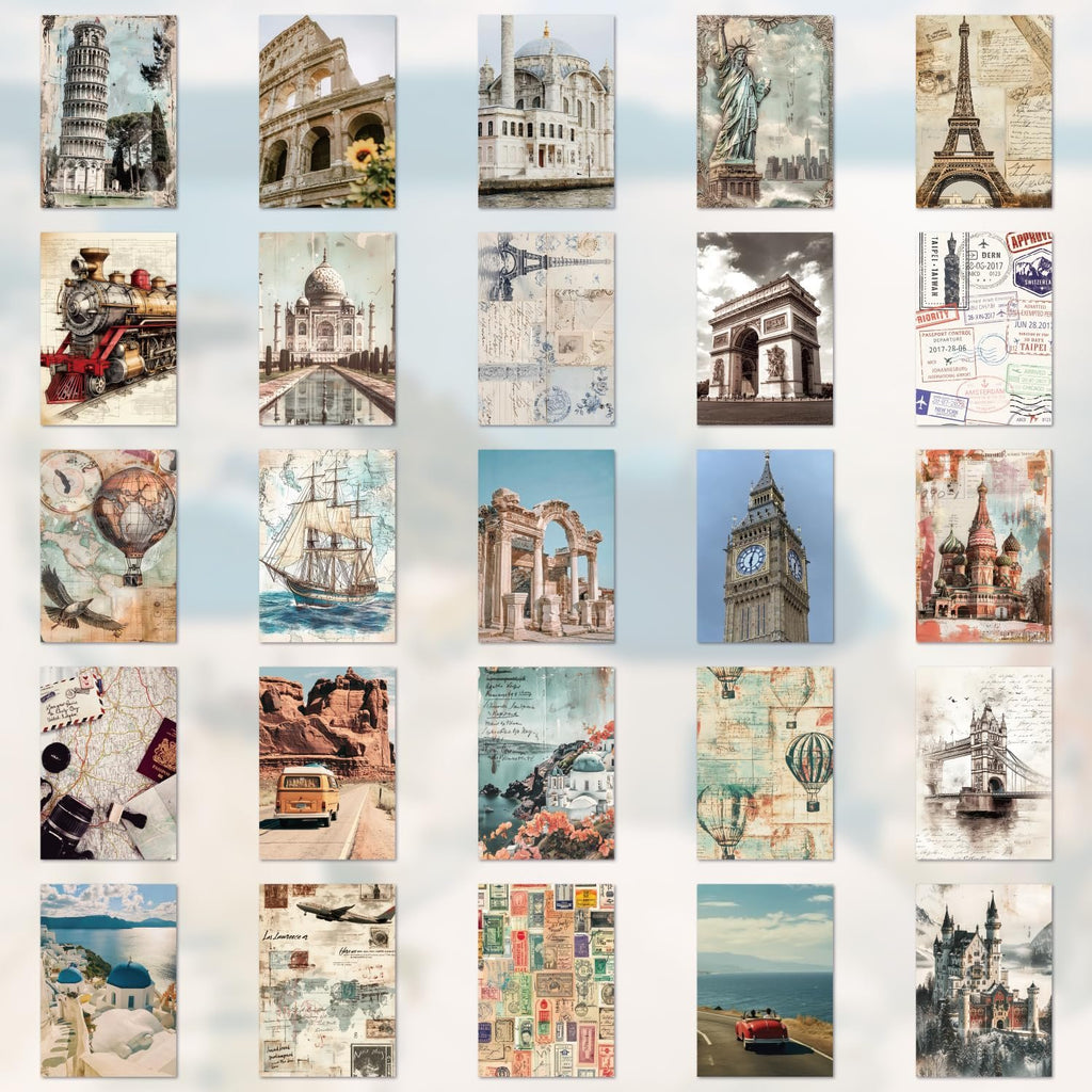 Collage of vintage travel-themed illustrations including landmarks, hot air balloons, and maps.