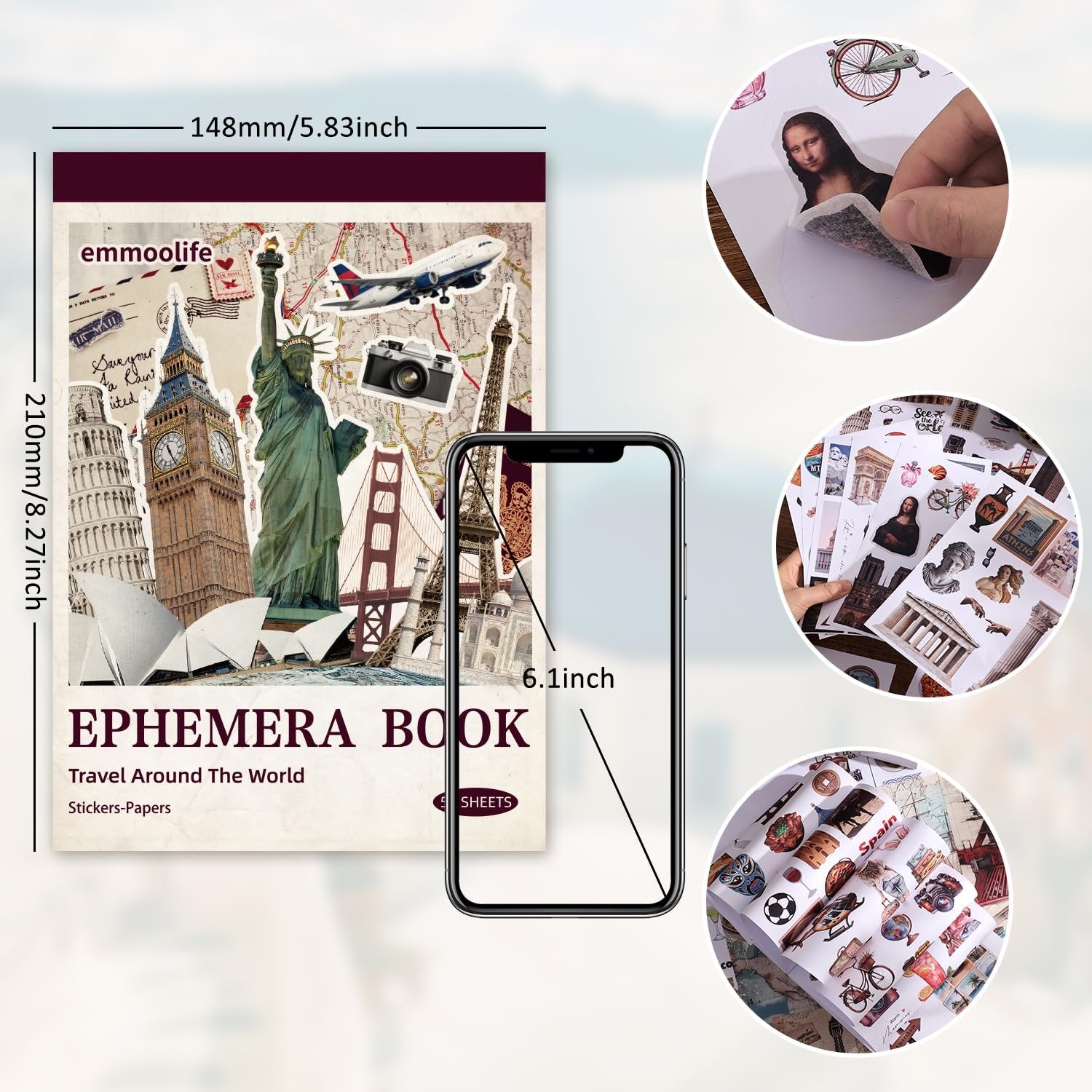 Vintage travel scrapbook sticker book with landmarks and travel-themed stickers, shown with dimensions and inset views of stickers.