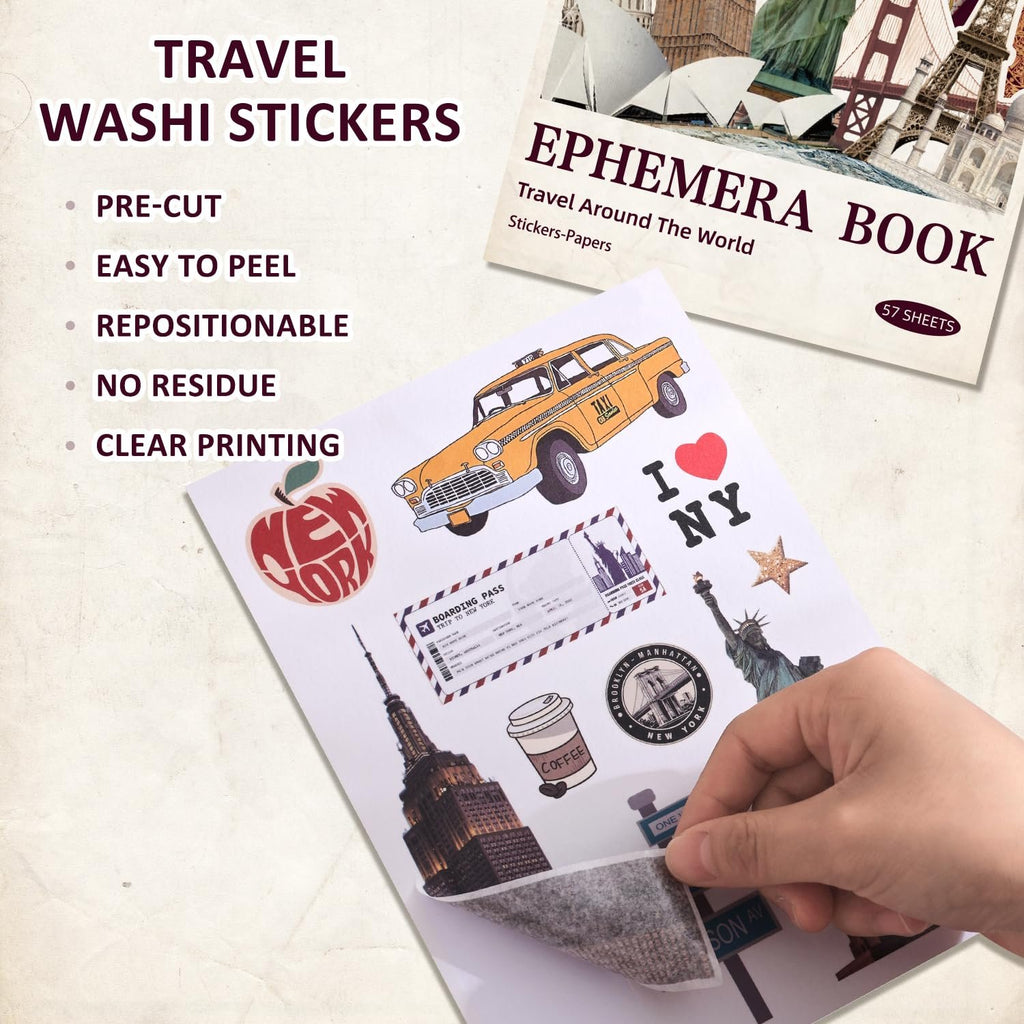 Sheet of travel-themed stickers being peeled by a hand, featuring landmarks and a taxi.