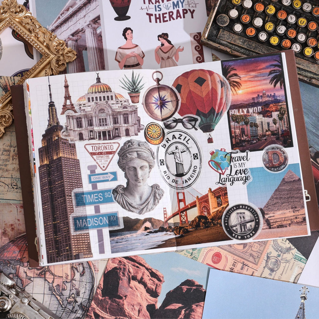 Scrapbook page with vintage travel stickers including landmarks, hot air balloon, compass, and cityscapes.