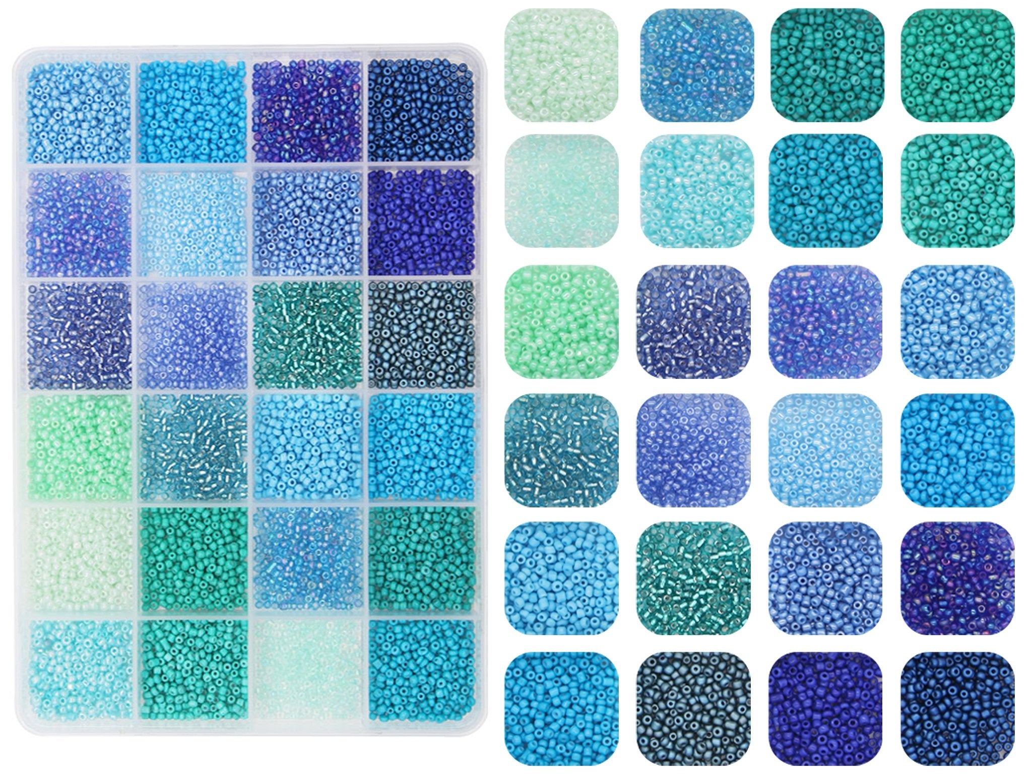 Compartment box filled with 2mm glass seed beads in various shades of blue and green, next to rounded squares showcasing individual bead colors.