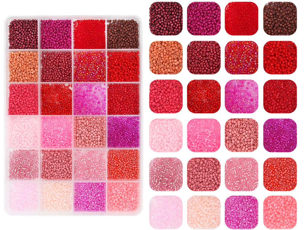 Assortment of 2mm glass seed beads in 144 colors, displayed in a clear compartment organizer and as individual color swatches.