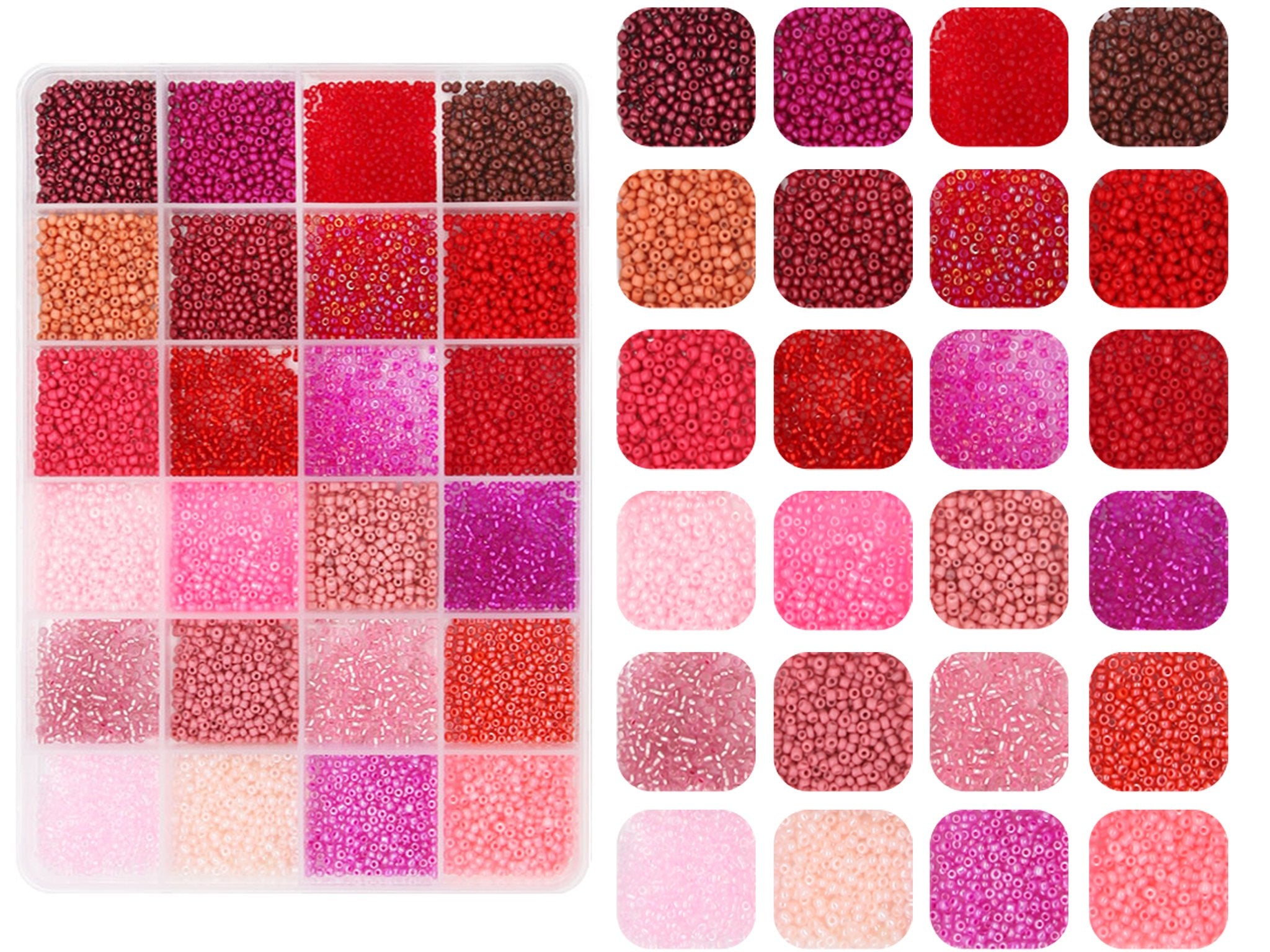 Assortment of 2mm glass seed beads in 144 colors, displayed in a clear compartment organizer and as individual color swatches.