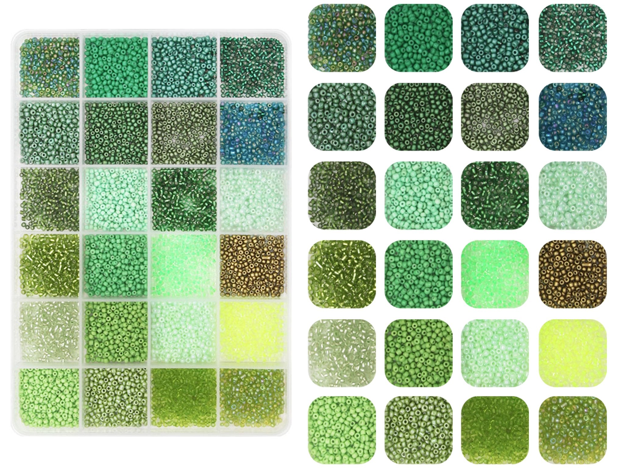 Assortment of 2mm glass seed beads in various shades of green and blue, displayed in a compartmentalized tray and individual square swatches.