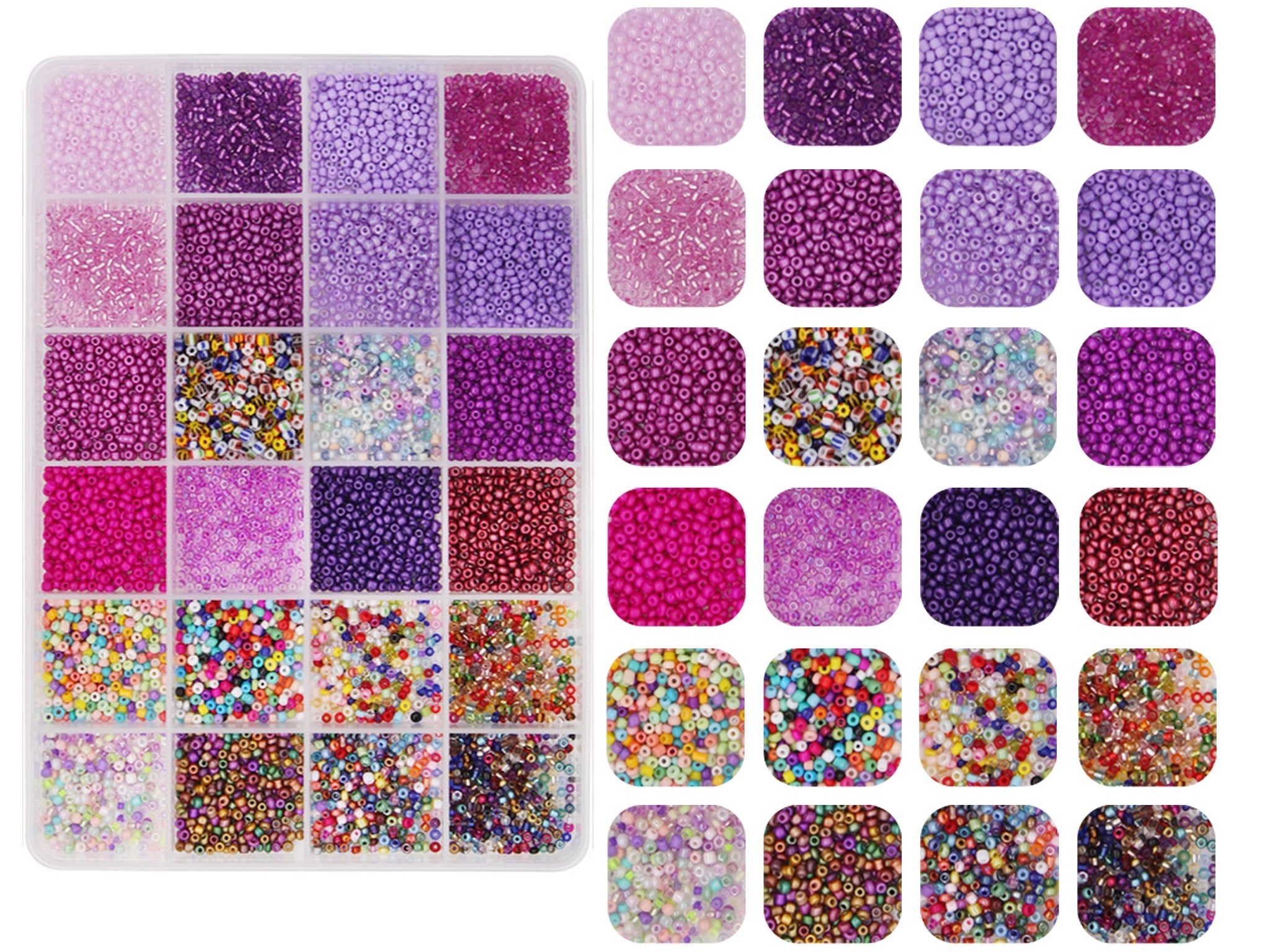 Set of 2mm glass seed beads in 144 assorted colors, organized in a divided plastic case and individual rounded square displays.
