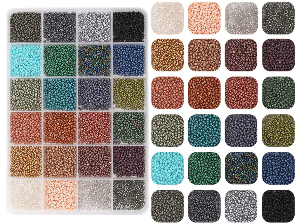 Set of 2mm glass seed beads in 144 colors, organized in a divided container and individual color swatches.