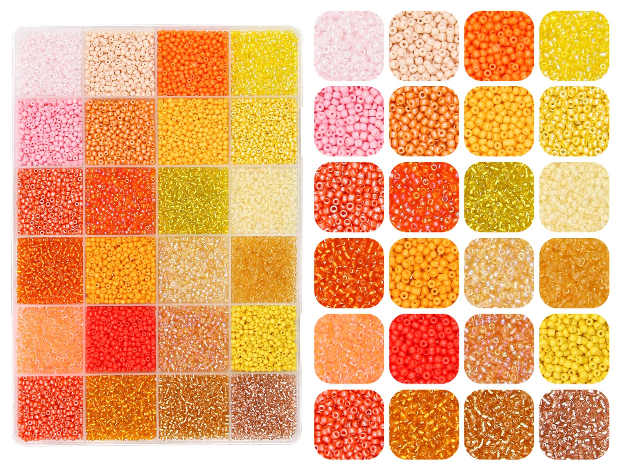 Assortment of 2mm glass seed beads in 144 colors, displayed in a divided plastic organizer and as individual color swatches.