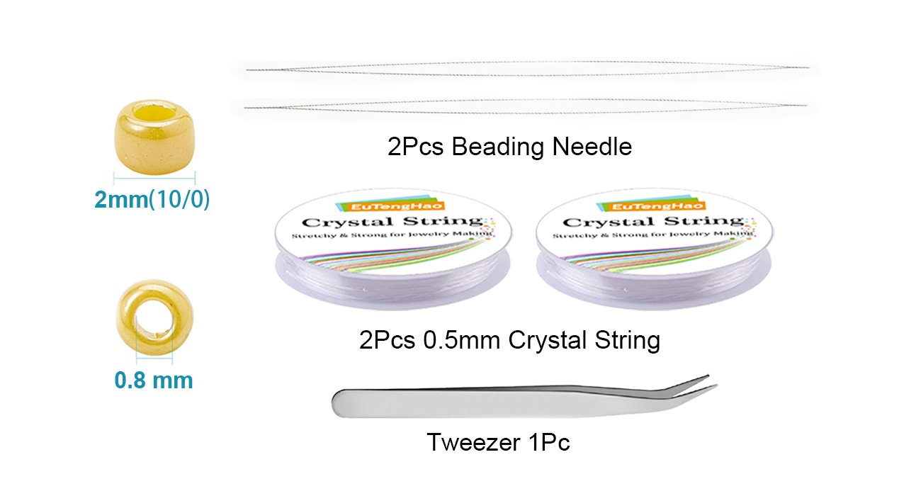 Jewelry making kit contents: two beads with size labels, two spools of crystal string, two beading needles, and one pair of tweezers.