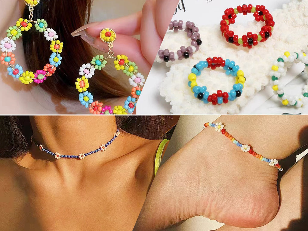 Collage of colorful beaded jewelry including flower hoop earrings, rings, a choker necklace, and an anklet.