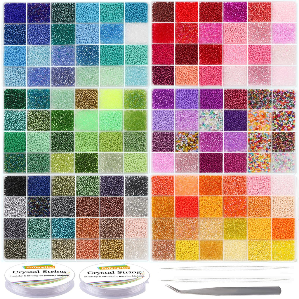Assortment of 2mm glass seed beads in 144 colors, organized in compartments, with spools of crystal string and tweezers.