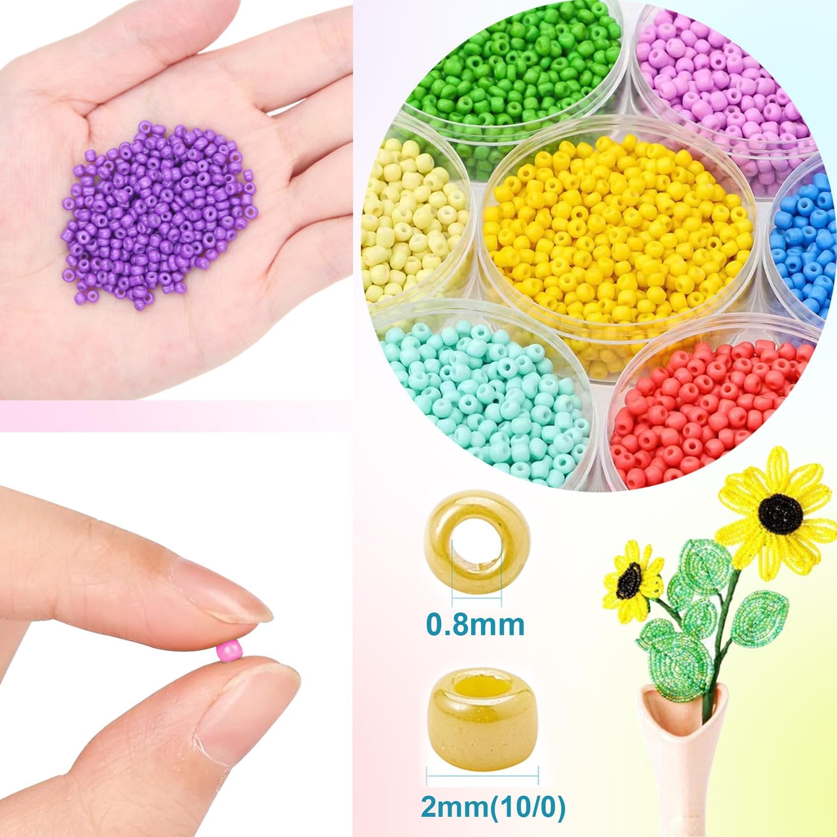 Assorted glass seed beads in various colors held in hand and in containers, with size details and a beaded sunflower.