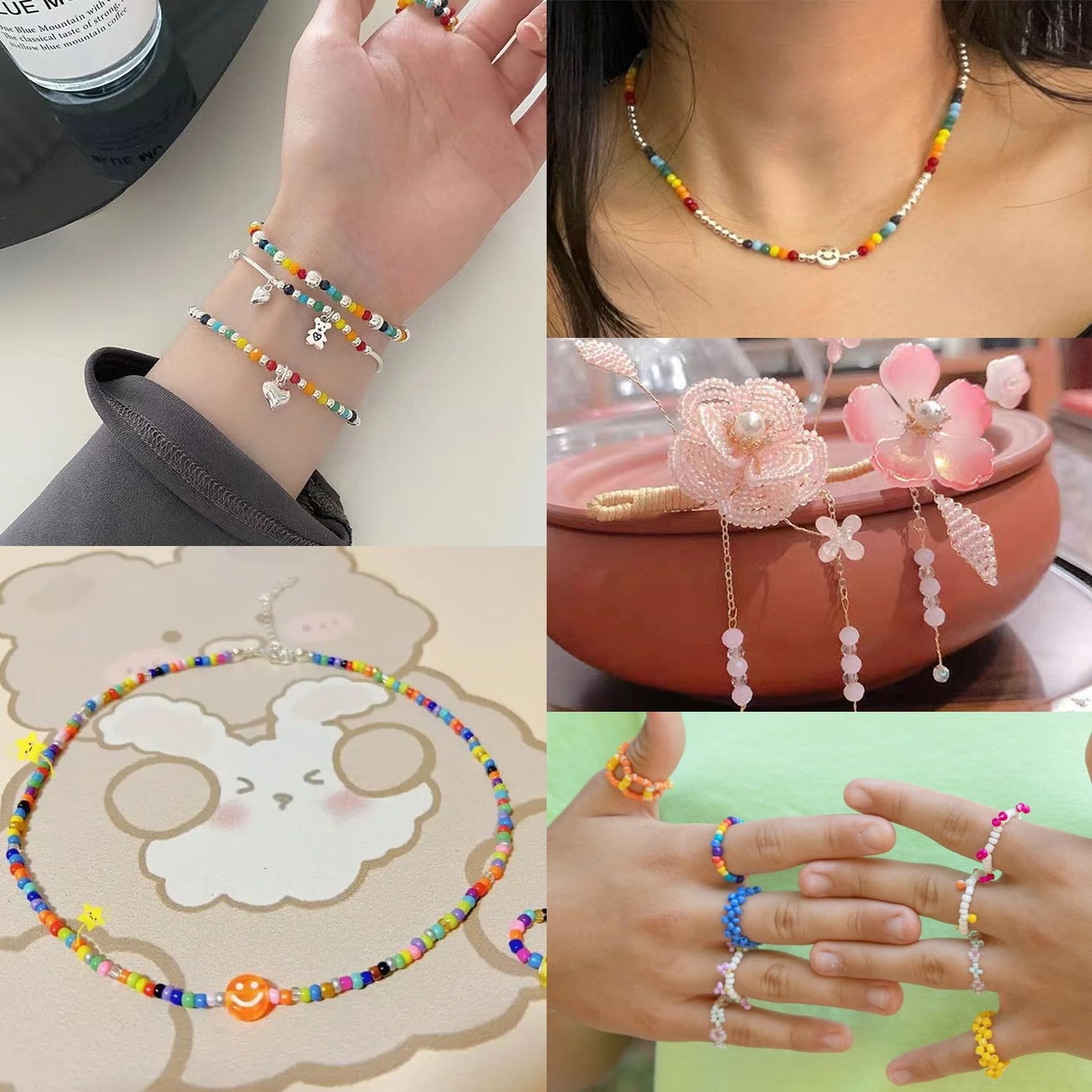 Collage of colorful beaded jewelry including bracelets, necklaces, and rings worn by hands and on a neck, plus a hair accessory.