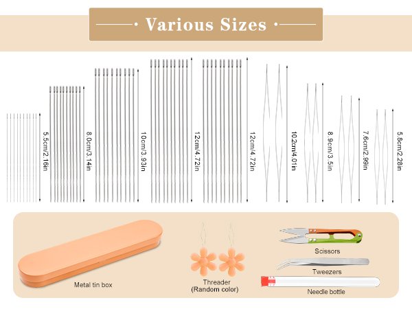 Various sizes of stainless steel beading needles, a metal tin box, threader, scissors, tweezers, and needle bottle.