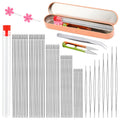 Stainless steel beading needles, tweezers, scissors, and storage case with pink flower charms