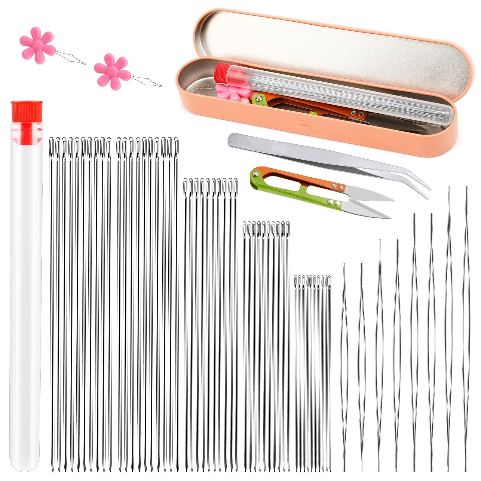 Stainless steel beading needles, tweezers, scissors, and storage case with pink flower charms