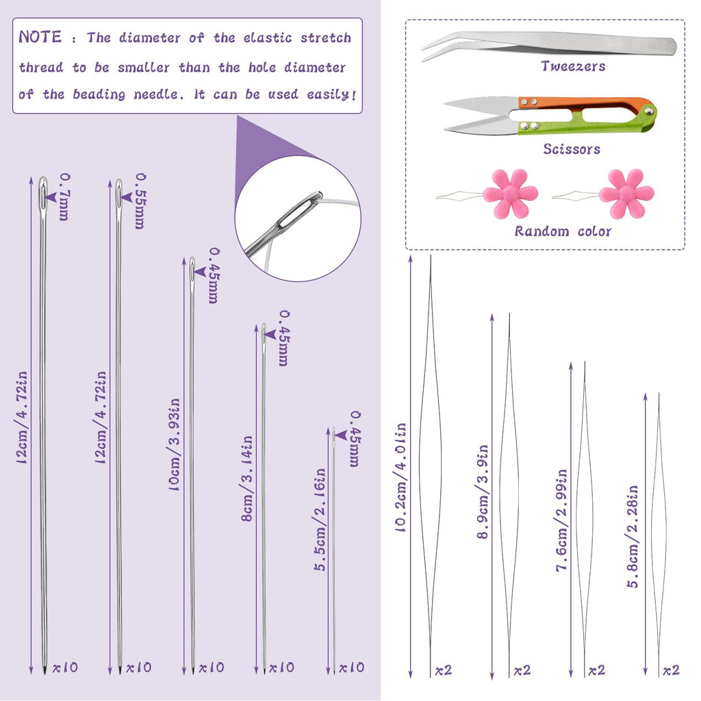 Diagram showing various sizes of beading needles with dimensions and quantities, plus tweezers, scissors, and decorative beads.
