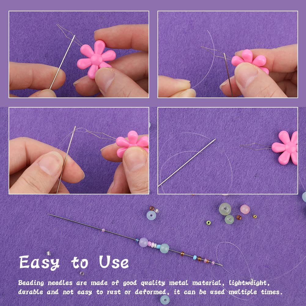 Hands demonstrating how to thread a beading needle with a pink flower bead, and a close-up of a beaded needle with seed beads.