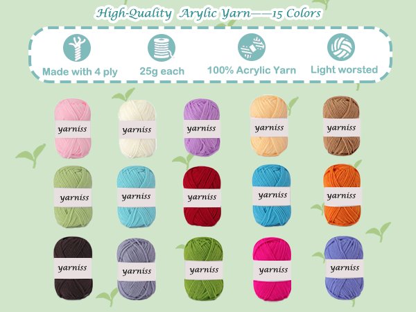 Assortment of 15 colorful yarn balls, each with a label, arranged in rows on a light green background.