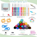 Crochet kit contents including yarn, hooks, needles, stitch markers, and a storage bag.