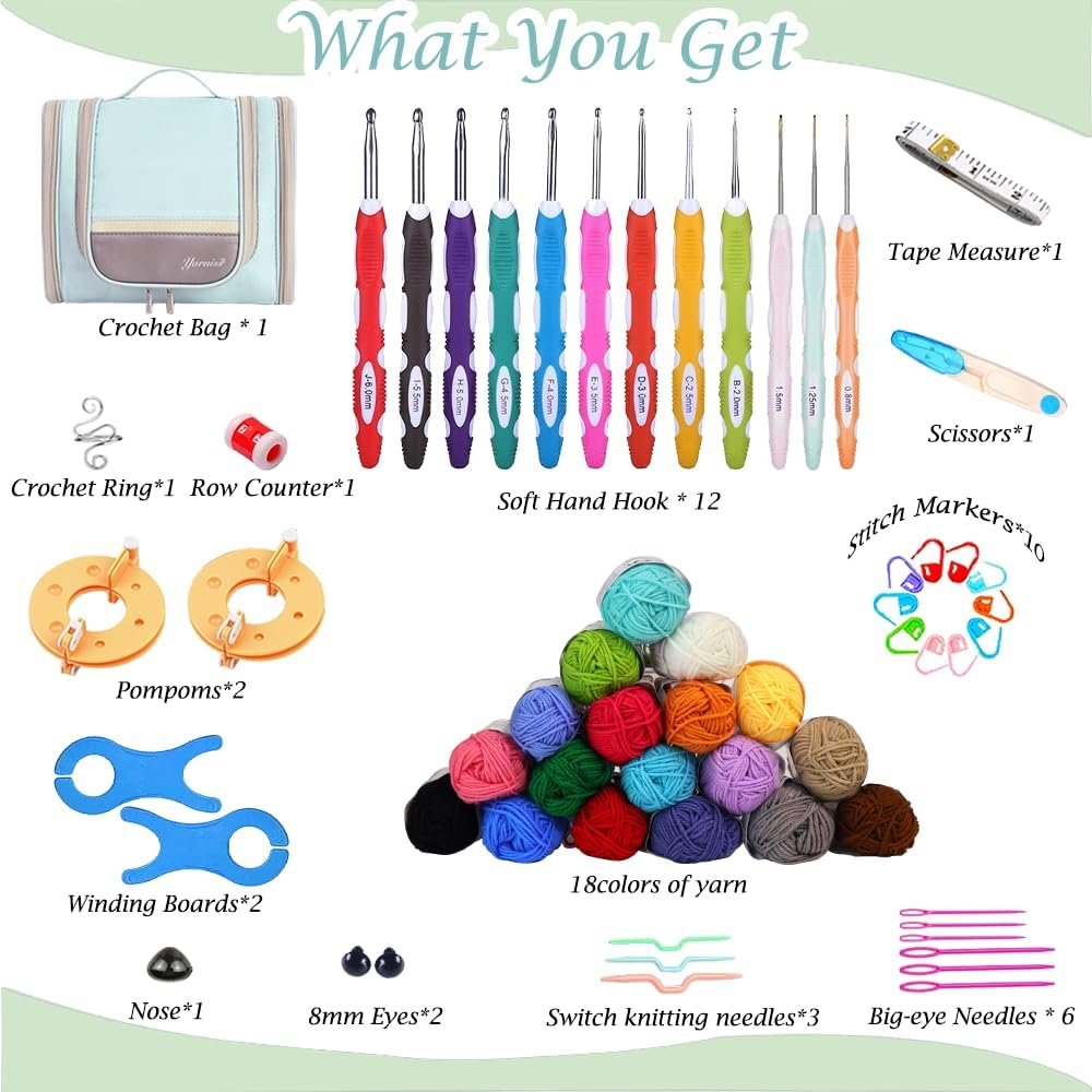 Crochet kit contents including yarn, hooks, needles, stitch markers, and a storage bag.