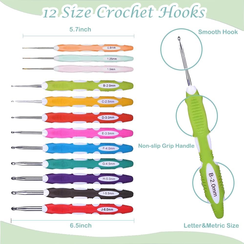 Set of 12 ergonomic crochet hooks with various sizes and colors, shown with measurements and close-ups of hook and handle.