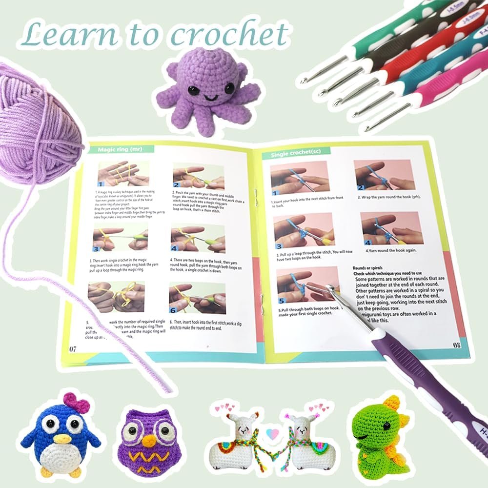 Crochet instruction booklet showing magic ring and single crochet techniques, with yarn, crochet hooks, and finished amigurumi figures.