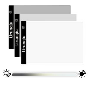 Three A4 size LED light pads stacked, one white, two grey, with a brightness slider below.