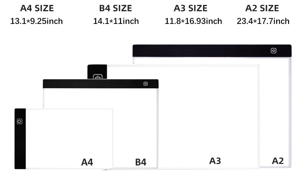 Four diamond painting LED light pads in sizes A4, B4, A3, and A2, displayed side-by-side with dimensions listed above.