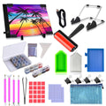 Diamond painting kit contents including LED light pad with palm trees, USB cable, roller, storage case, diamond trays, pens, tweezers, and binder clips.