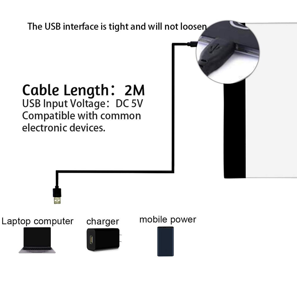 Diagram showing USB cable connection options for a light pad, including laptop, charger, and mobile power.