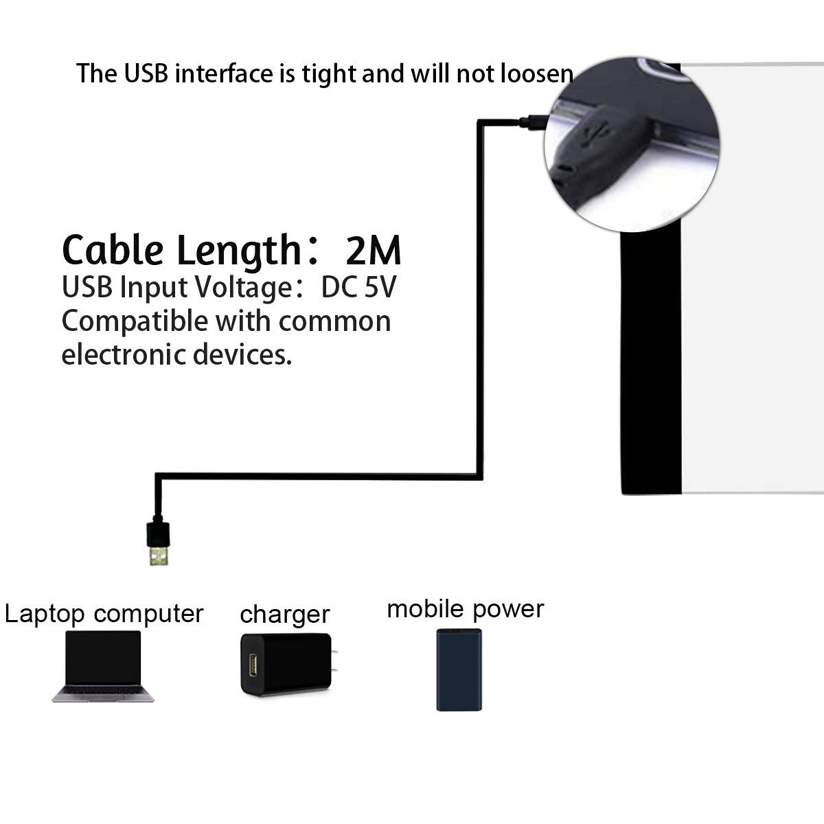 Diagram showing USB cable connection options for a light pad, including laptop, charger, and mobile power.