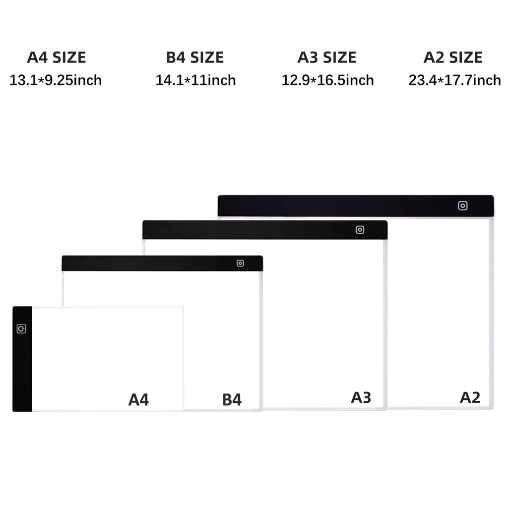 Four LED light pads in A4, B4, A3, and A2 sizes with dimensions listed above.