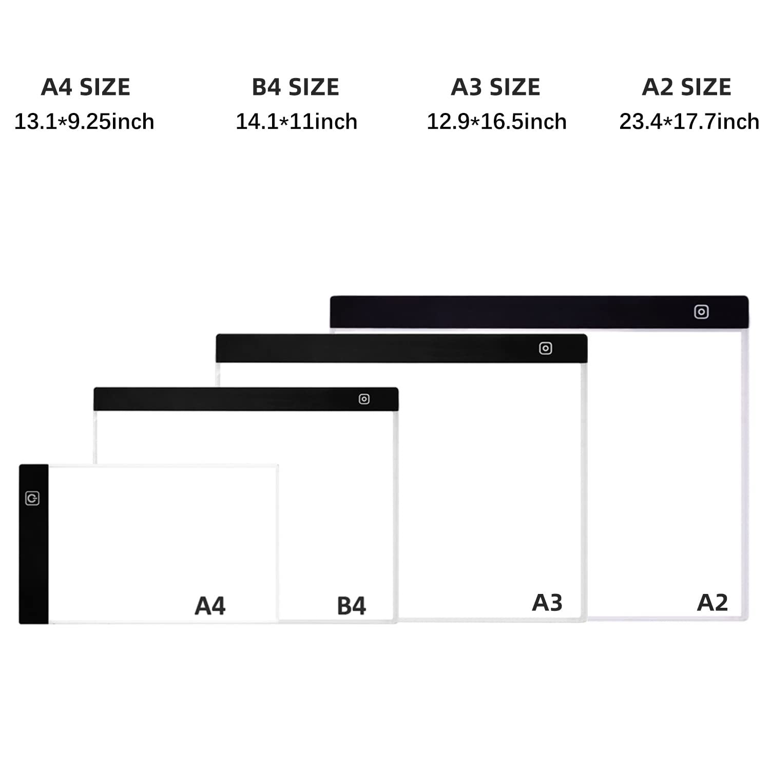 Four LED light pads in A4, B4, A3, and A2 sizes with dimensions listed above.
