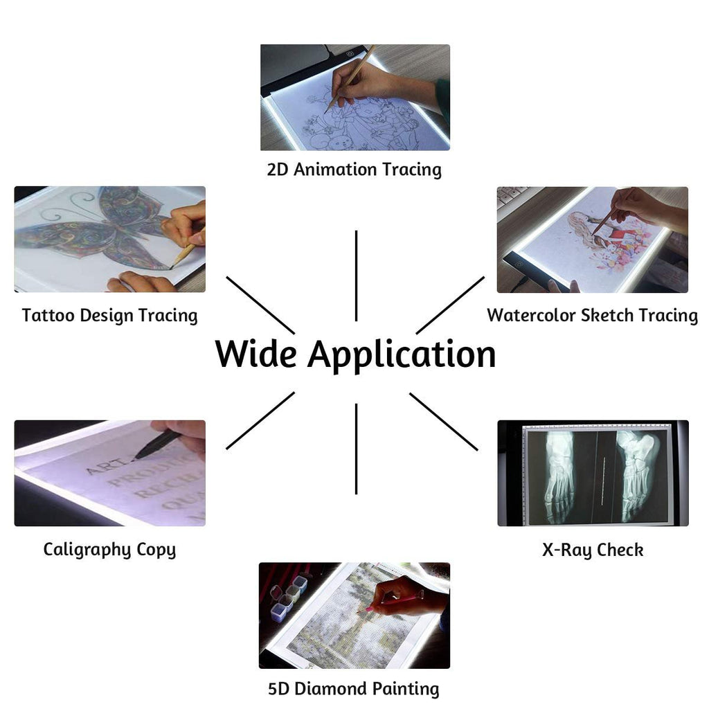 Collage showing various applications of an LED light pad for tracing, including animation, tattoos, watercolor, calligraphy, diamond painting, and X-rays.
