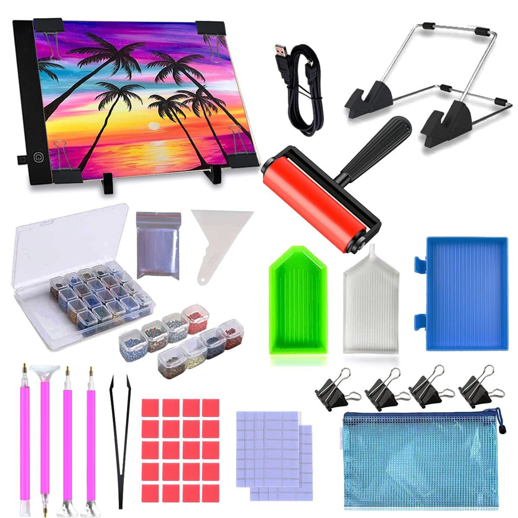 Diamond painting kit contents including LED light pad, storage case, diamond trays, pens, roller, and accessories.
