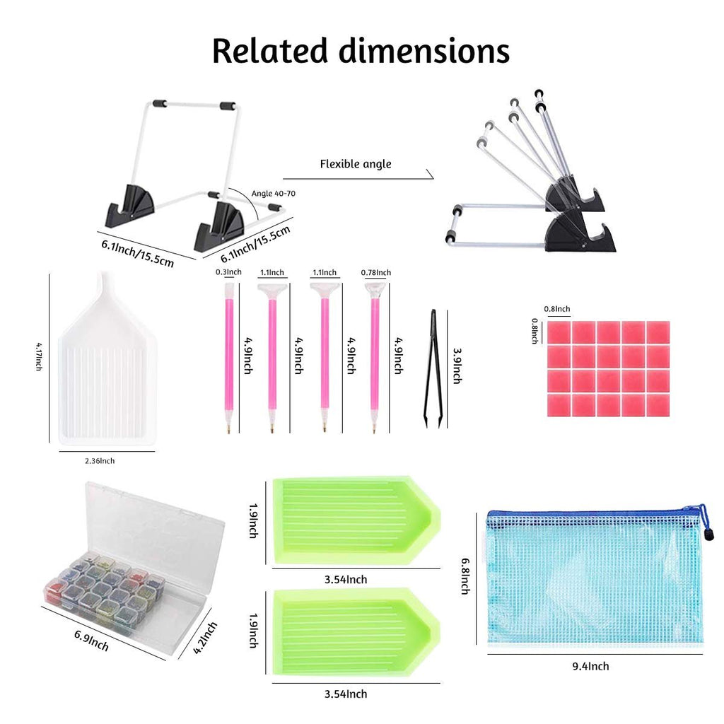 Diamond painting accessories with dimensions shown, including trays, pens, tweezers, storage case, and stand.