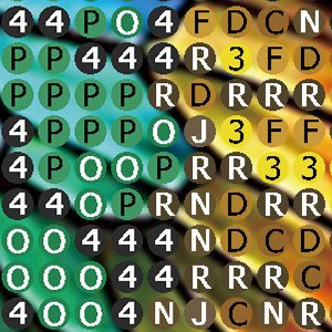 Close-up of colorful circular beads with letters and numbers printed on them, abstract pattern.