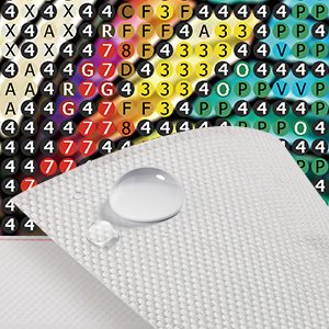 Diamond painting canvas detail with color codes and water droplets on textured surface