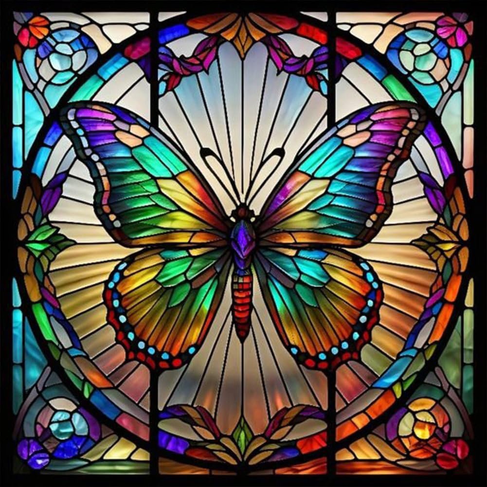 Colorful stained glass butterfly art with intricate border details