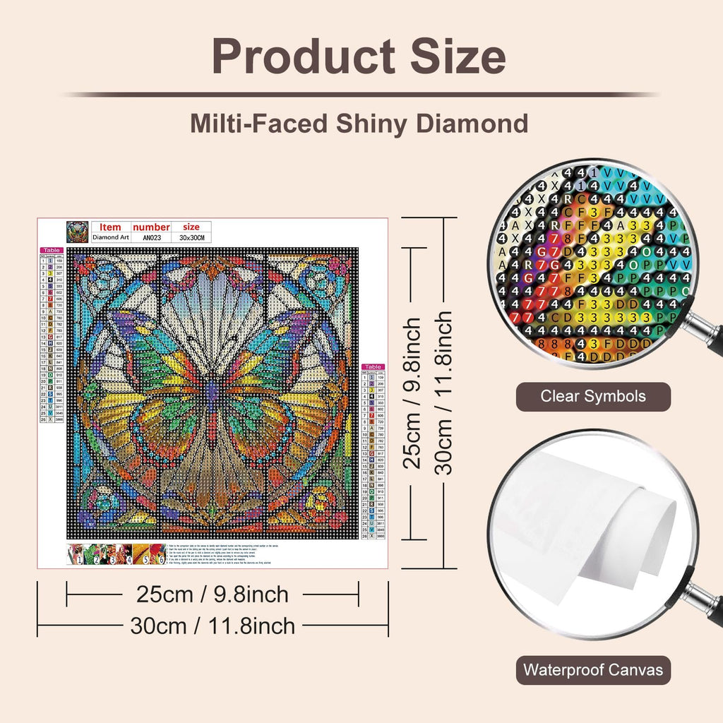 Diamond painting kit with butterfly design, showing symbol key and size dimensions.