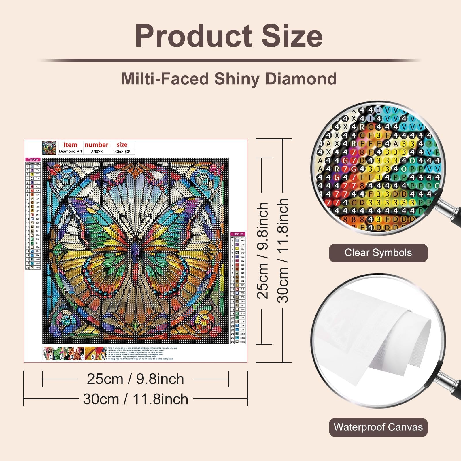 Diamond painting kit with butterfly design, showing symbol key and size dimensions.